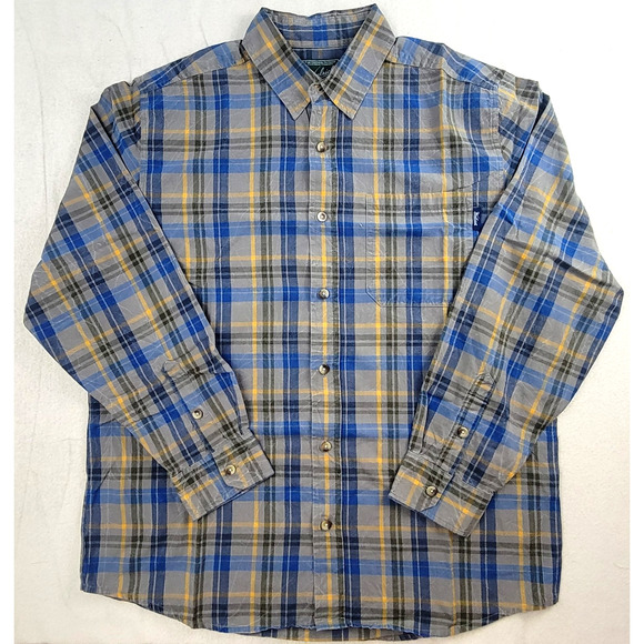 Woolrich Olive Green Blue Yellow Plaid Button Up Shirt Men's Large Outdoors Work - Picture 1 of 8